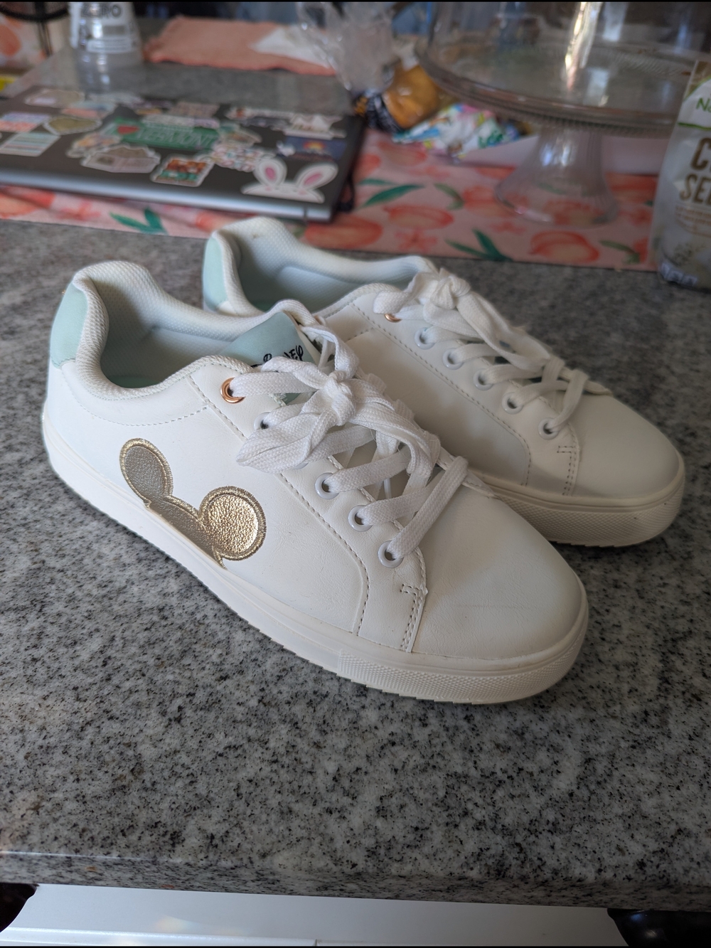 White Sneakers with Metallic Gold Mickey Accent